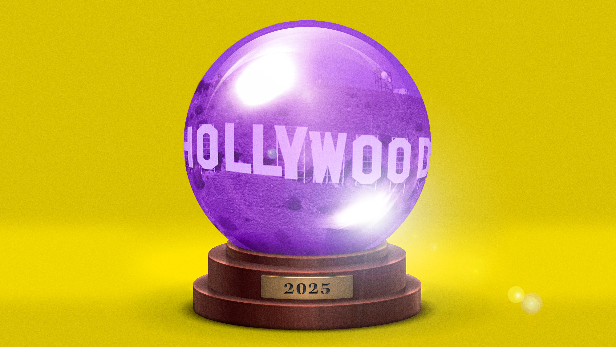 purple crystal ball with the Hollywood sign inside it