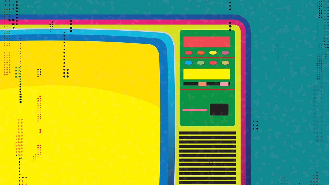 Vivid retro television flat design with riso print effect vector illustration on turquoise background have blank space.