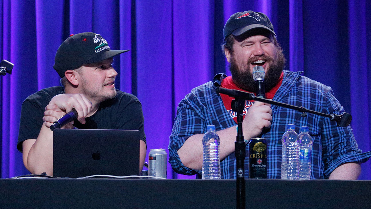(L-R) Nick Wiger, Mike Mitchell perform onstage during 'Doughboys' in the Larkin Comedy Club during Clusterfest at Civic Center Plaza and The Bill Graham Civic Auditorium on June 3, 2018 in San Francisco, California.