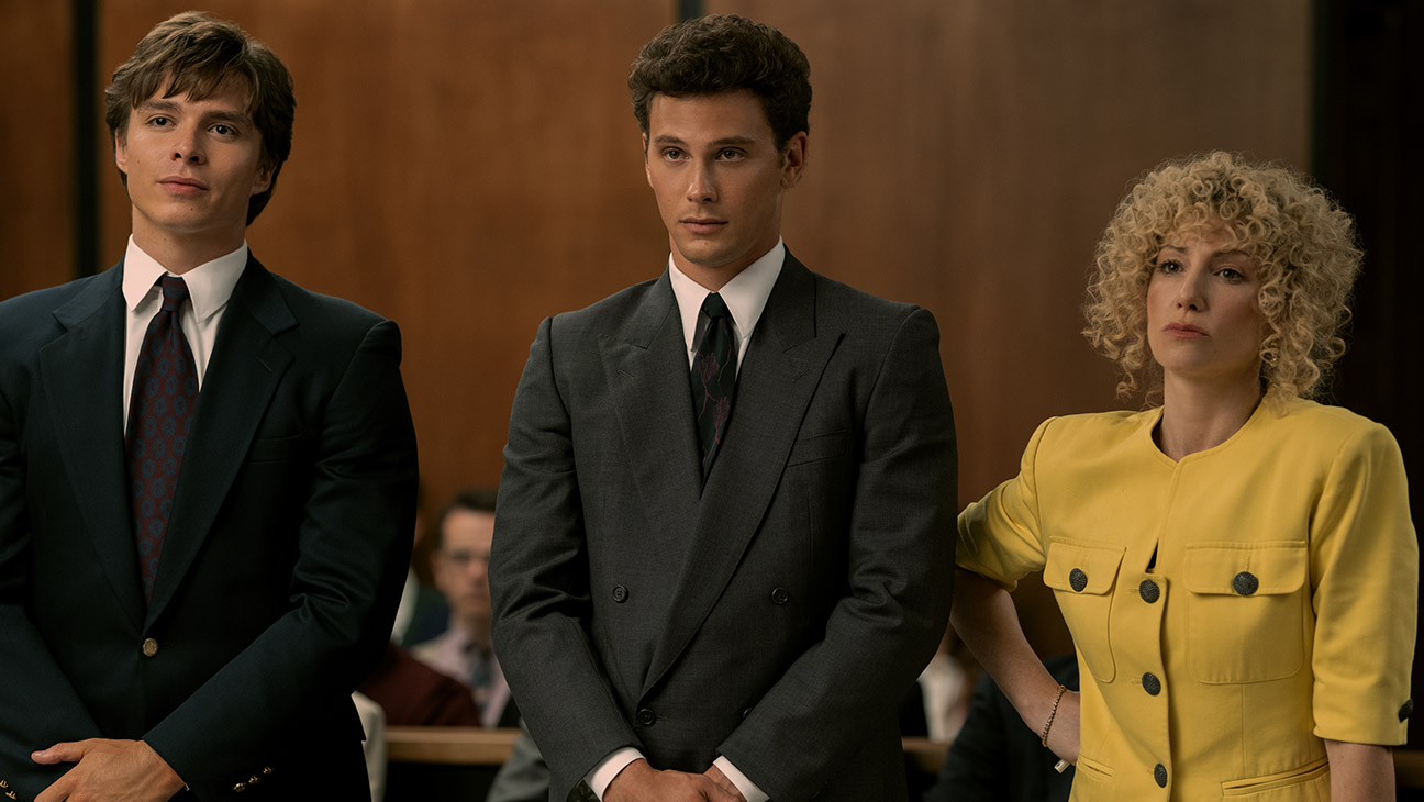 (L to R) Nicholas Chavez as Lyle Menendez, Cooper Koch as Erik Menendez, Ari Graynor as Leslie Abramson in episode 207 of Monsters: The Lyle And Erik Menendez Story.