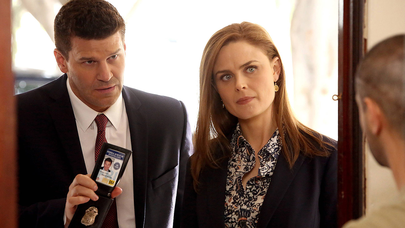 Bones, (from left): David Boreanaz, Emily Deschanel, 'The Source in the Sludge', (Season 9, Ep. 916, aired March 10, 2014).