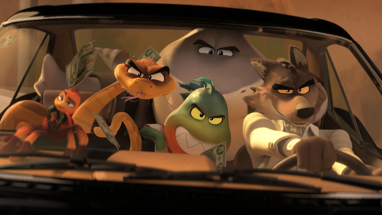 (from left) Tarantula (Awkwafina), Snake (Marc Maron), Shark (Craig Robinson), Piranha (Anthony Ramos) and Wolf (Sam Rockwell) in DreamWorks Animation’s The Bad Guys, directed by Pierre Perifel.